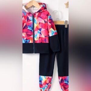 Girls 2pcs Long Sleeve Zip Up Hooded Sweatshirt +Sweatpants Set